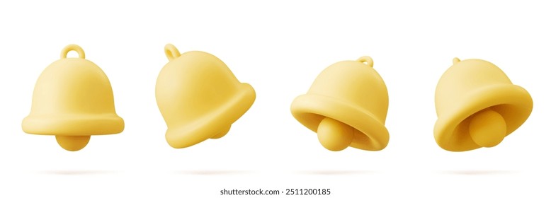 Ícone de sino de notificação 3d isolado no fundo branco. Ícone de vetor realista sino de toque amarelo.