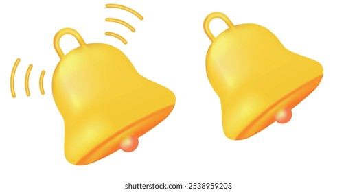 3d notification bell icon set isolated on white background. 3d render yellow ringing bell with new notification for social media reminder. Realistic vector