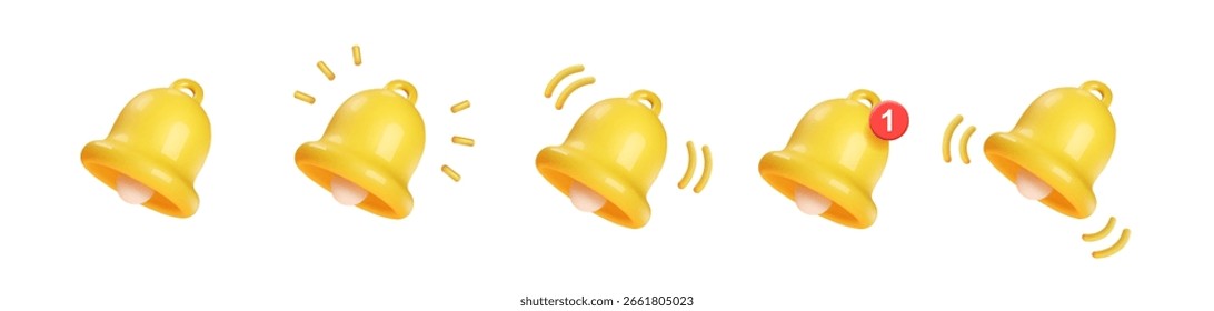 Conjunto de iconos de campana de notificación 3D aislado sobre fondo blanco. 3D renderizado amarillo timbre de alarma aviso. Signo de notificación de mensaje Nuevo. Recordatorio en redes sociales. Icono de Vector de alerta realista