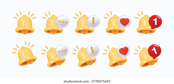 3D Notification Bell Icon Set with Number Badge, Incoming Inbox Message, Unread Mail Reminder, Alert Symbol, Like Heart and Mobile App Push Notification Vector Collection
