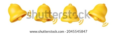 3d notification bell icon set isolated on white background. 3d render yellow ringing bell with new notification for social media reminder. Realistic vector icon