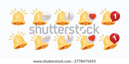 3D Notification Bell Icon Set with Number Badge, Incoming Inbox Message, Unread Mail Reminder, Alert Symbol, Like Heart and Mobile App Push Notification Vector Collection