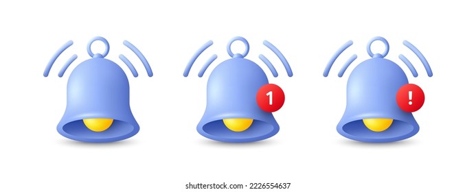 Icono de timbre de notificación 3d. Sonido de alarma de suscripción. Los medios sociales se suscriben a un recordatorio de 3d. Alerta de notificación, nuevo mensaje recibido. alarma de notificación con signo de exclamación. Vector