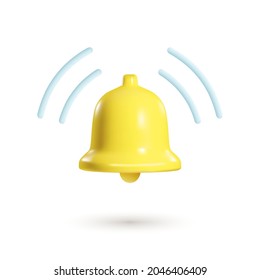 3d notification bell isolated on white background. 3d realistic render of ringing bell. Social media notice event reminder. Concept of notification message. Vector illustration of push chat alert.