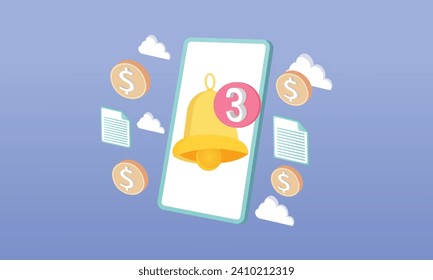 3D notification bell and mobile phone app bill online payments credit card concept money transfer financial.3d goal for technology,online social media usage illustration.