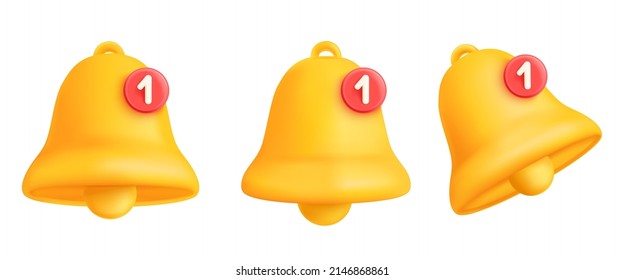 3d notification bell. Render notice or reminder icon for attention, alarm new message social media subscribe symbol ring information phone mail vector illustration. Notification reminder application