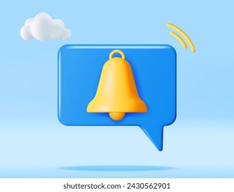 3D Notification Bubble with Bell Icon. Golden Render Ringing Bell. Gold School Bell and Chat Cloud Mockup. Alert and Alarm Symbol. Social Media Network Notification Reminder. Vector Illustration