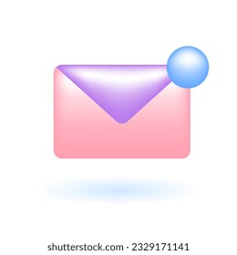 3D Notification Envelope Email Inbox Icon. Social Media Network Concept. Glossy Glass Plastic Pastel Color. Cute Realistic Cartoon Minimal Style. 3D Render Vector Icon UX UI Isolated Illustration.