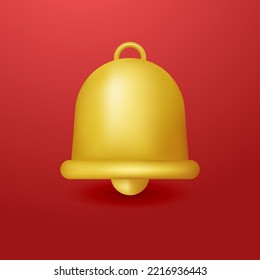 3d notification gold bell icon isolated on red background, 3d render Realistic vector icon
