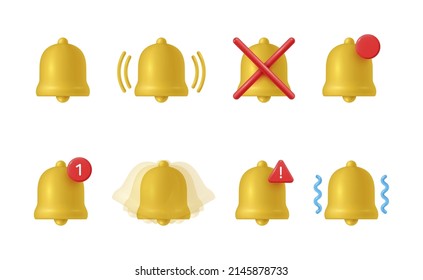 3d notificación de la colección de iconos de campana dorada ilustración vectorial realista. Establecer la señal de alerta de alerta de alerta de atención de anillo nuevo mensaje entrante, llamada, vibración, sonido desactivado, silenciado, buzón de noticias aislado