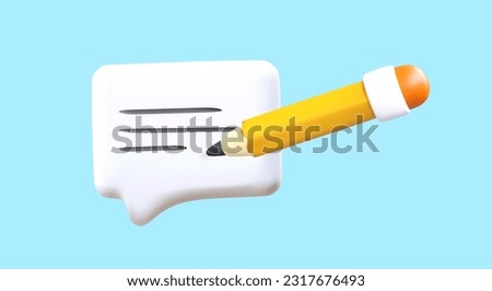3D notification icon and yellow pencil. Recording text messages in messenger. Saving information. Lecture notes, training. Vector illustration on blue background