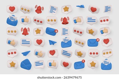 3D Notification, Message, Heart, Star, and Like Chat Icons in Glossy Cartoon Style for Social Media and Mobile App UI Design. Colorful Set on Light Background. Vector Illustration.