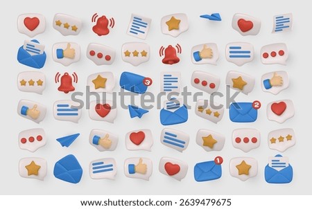 3D Notification, Message, Heart, Star, and Like Chat Icons in Glossy Cartoon Style for Social Media and Mobile App UI Design. Colorful Set on Light Background. Vector Illustration.