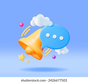 3D Notification Popup with Bell Icon. Golden Render Ringing Bell. Gold School Bell and Chat Cloud Mockup. Alert and Alarm Symbol. Social Media Network Notification Reminder. Vector Illustration