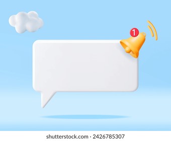 3D Notification Popup with Bell Icon. Golden Render Ringing Bell. Gold School Bell and Chat Cloud Mockup. Alert and Alarm Symbol. Social Media Network Notification Reminder. Vector Illustration