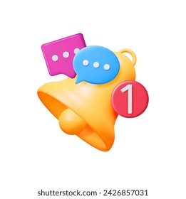 3D Notification Popup with Bell Icon. Golden Render Ringing Bell. Gold School Bell and Chat Cloud Mockup. Alert and Alarm Symbol. Social Media Network Notification Reminder. Vector Illustration