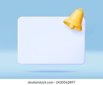 3D Notification Popup with Bell Icon. Golden Render Ringing Bell. Gold School Bell and Chat Cloud Mockup. Alert and Alarm Symbol. Social Media Network Notification Reminder. Vector Illustration