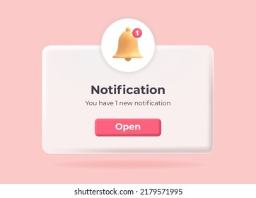 3d notification. Popup page with floating elements. Social media, business or event planning, reminder with 3d bell. Vector Illustration