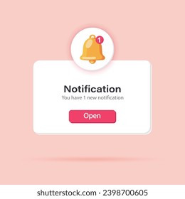 3d notification. Popup page with floating elements. Social media, business event planning, reminder with 3d bell. Web icon, button, vector