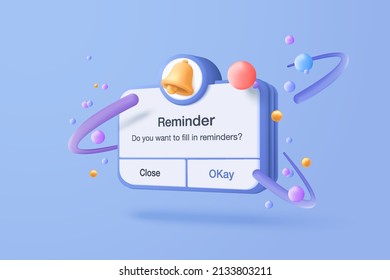3D notification reminder in calendar on blue background. notifications push with floating elements. 3d Alert for business planning ,events, reminder and notification background. 3d vector bell render svg