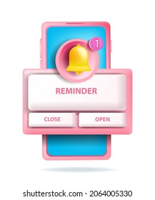 recordatorio de notificación 3D, campana de alarma vectorial, pantalla de smartphone, elemento de diseño de aplicación móvil de interfaz de usuario. Aviso de burbuja de advertencia, nota de aplicación, botón de mensaje de pulsación de fecha de evento importante. concepto de recordatorio 3D