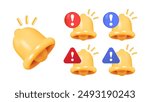 3D Notification Ring Bell Set Icon for Social Media Reminders, Subscription Notices, Inbox Messages, Subscription Alerts, and Important News Push Notifications. Vector.
