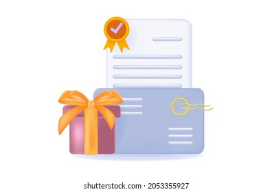 3d notification of a well-deserved award by e-mail. Award, certificate, license icon, gift. Medal with check mark of approval. Document confirming the best diploma, highest degree of the winner.Vector