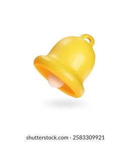 3d notification yellow bell icon isolated on white background. Cartoon Ringing bell, attention, alert symbol reminder. Realistic vector icon