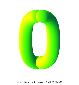 3d number 0, zero. 3d font. Three-dimensional numeral alphabet letter. EPS10 vector illustration. Neon yellow-green font.