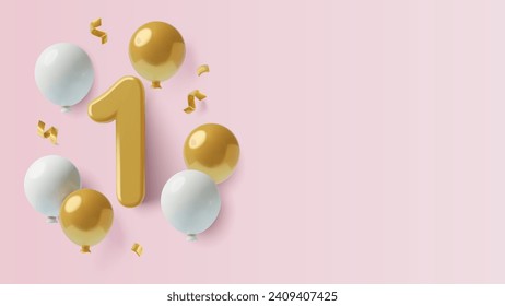 3D number 1 with balloons and confetti on pink background with copy space. First baby girl's birthday or one year anniversary three dimensional vector illustration.