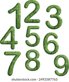 3d of the number 1,2,3,4,5,6,7,8,9 or 1-9 is made of green grass, suitable for number template, go green concept	
