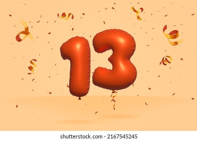 3d number 13 Sale off discount promotion made of realistic confetti Foil 3d Orange helium balloon vector. Illustration for selling poster, banner ads, shopping bag, gift box, birthday, anniversary