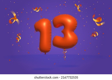 3d number 13 Sale off discount promotion made of realistic confetti Foil 3d Orange helium balloon vector. Illustration for selling poster, banner ads, shopping bag, gift box, birthday, anniversary