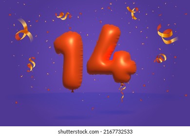 3d number 14 Sale off discount promotion made of realistic confetti Foil 3d Orange helium balloon vector. Illustration for selling poster, banner ads, shopping bag, gift box, birthday, anniversary