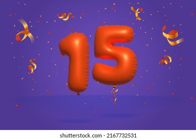 3d number 15 Sale off discount promotion made of realistic confetti Foil 3d Orange helium balloon vector. Illustration for selling poster, banner ads, shopping bag, gift box, birthday, anniversary