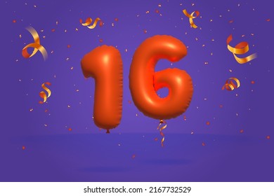 3d number 16 Sale off discount promotion made of realistic confetti Foil 3d Orange helium balloon vector. Illustration for selling poster, banner ads, shopping bag, gift box, birthday, anniversary