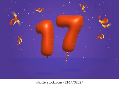 3d number 17 Sale off discount promotion made of realistic confetti Foil 3d Orange helium balloon vector. Illustration for selling poster, banner ads, shopping bag, gift box, birthday, anniversary