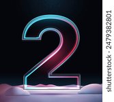 3D number 2 with neon light insight.  Glass symbol with sparkles and winter background. Futuristic holiday decoration. Element for design poster, advertisign or game
