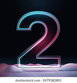 3D number 2 with neon light insight.  Glass symbol with sparkles and winter background. Futuristic holiday decoration. Element for design poster, advertisign or game