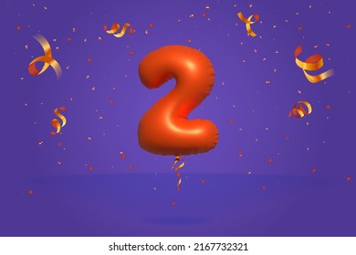 3d number 2 Sale off discount promotion made of realistic confetti Foil 3d Orange helium balloon vector. Illustration for selling poster, banner ads, shopping bag, gift box, birthday, anniversary