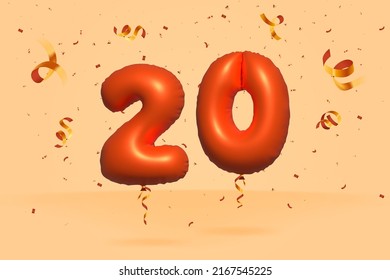 3d number 20 Sale off discount promotion made of realistic confetti Foil 3d Orange helium balloon vector. Illustration for selling poster, banner ads, shopping bag, gift box, birthday, anniversary