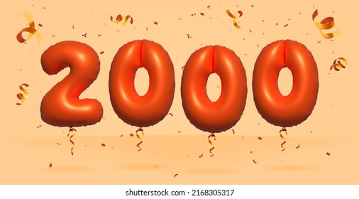 3d number 2000 Sale off discount promotion made of realistic confetti Foil 3d Orange helium balloon vector. Illustration for selling poster, banner ads, shopping bag, gift box, birthday, anniversary