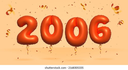 3d number 2006 Sale off discount promotion made of realistic confetti Foil 3d Orange helium balloon vector. Illustration for selling poster, banner ads, shopping bag, gift box, birthday, anniversary