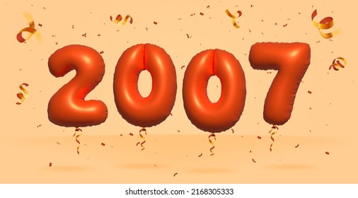 3d number 2007 Sale off discount promotion made of realistic confetti Foil 3d Orange helium balloon vector. Illustration for selling poster, banner ads, shopping bag, gift box, birthday, anniversary