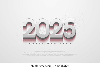 Número 3D 2025 con números plateados metálicos. Para la celebración de Feliz Año Nuevo 2025. Diseño vectorial Premium para Feliz Año Nuevo 2025 saludos y celebraciones.