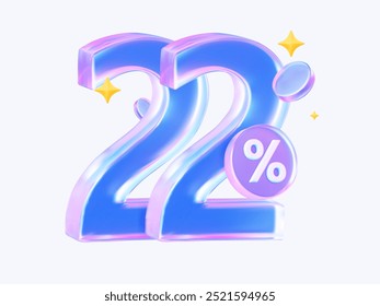 3D number 22% for a special offer. For highlighting discounts, sales, and promotional campaigns, financial, banking, and investment projects related to interest rates and percentages.