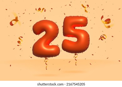 3d number 25 Sale off discount promotion made of realistic confetti Foil 3d Orange helium balloon vector. Illustration for selling poster, banner ads, shopping bag, gift box, birthday, anniversary