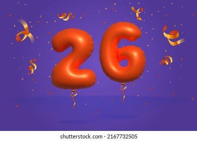 3d number 26 Sale off discount promotion made of realistic confetti Foil 3d Orange helium balloon vector. Illustration for selling poster, banner ads, shopping bag, gift box, birthday, anniversary