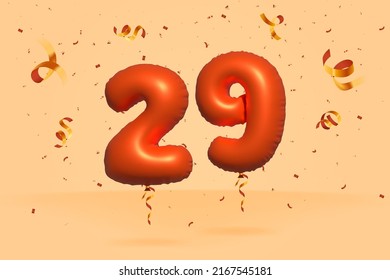 3d number 29 Sale off discount promotion made of realistic confetti Foil 3d Orange helium balloon vector. Illustration for selling poster, banner ads, shopping bag, gift box, birthday, anniversary