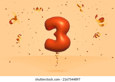 3d number 3 Sale off discount promotion made of realistic confetti Foil 3d Orange helium balloon vector. Illustration for selling poster, banner ads, shopping bag, gift box, birthday, anniversary